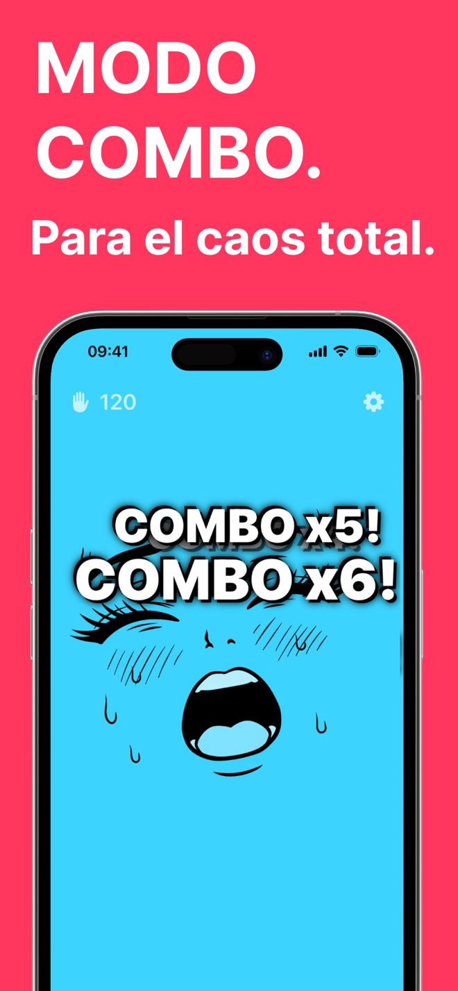 Modo combo: cara azul de dibujos animados con combo x5 y combo x6 en pantalla