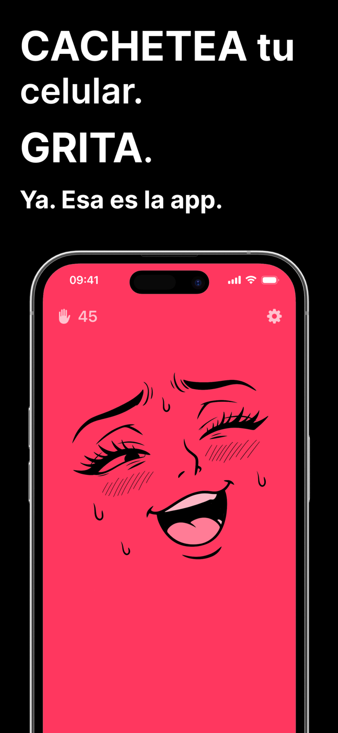 Pégale al celular y grita: cara de caricatura en pantalla rosa con el contador de cachetadas