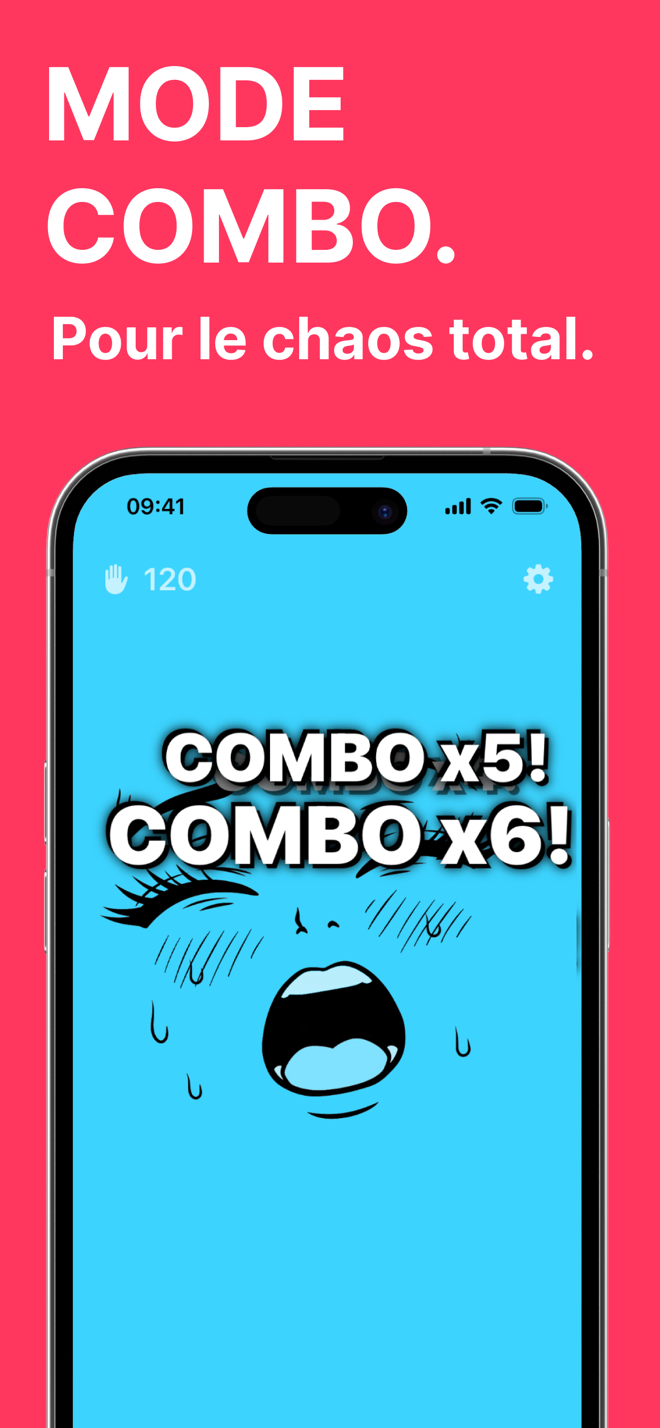 Mode combo : visage bleu de dessin animé avec combo x5 et combo x6 à l’écran