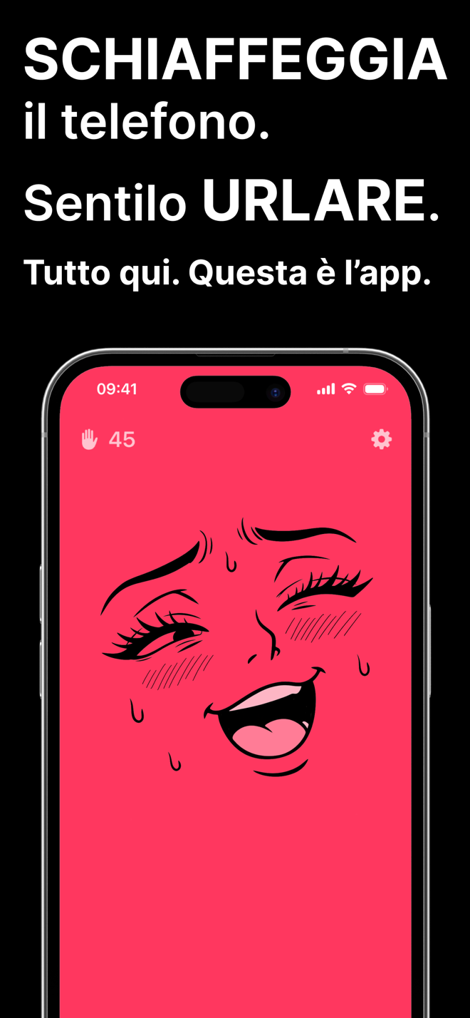 Schiaffeggia il telefono e urla: faccia da cartone animato su schermo rosa con il contatore degli schiaffi