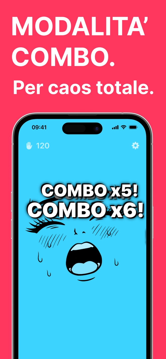 Modalità combo: faccia blu da cartone animato con combo x5 e combo x6 sullo schermo