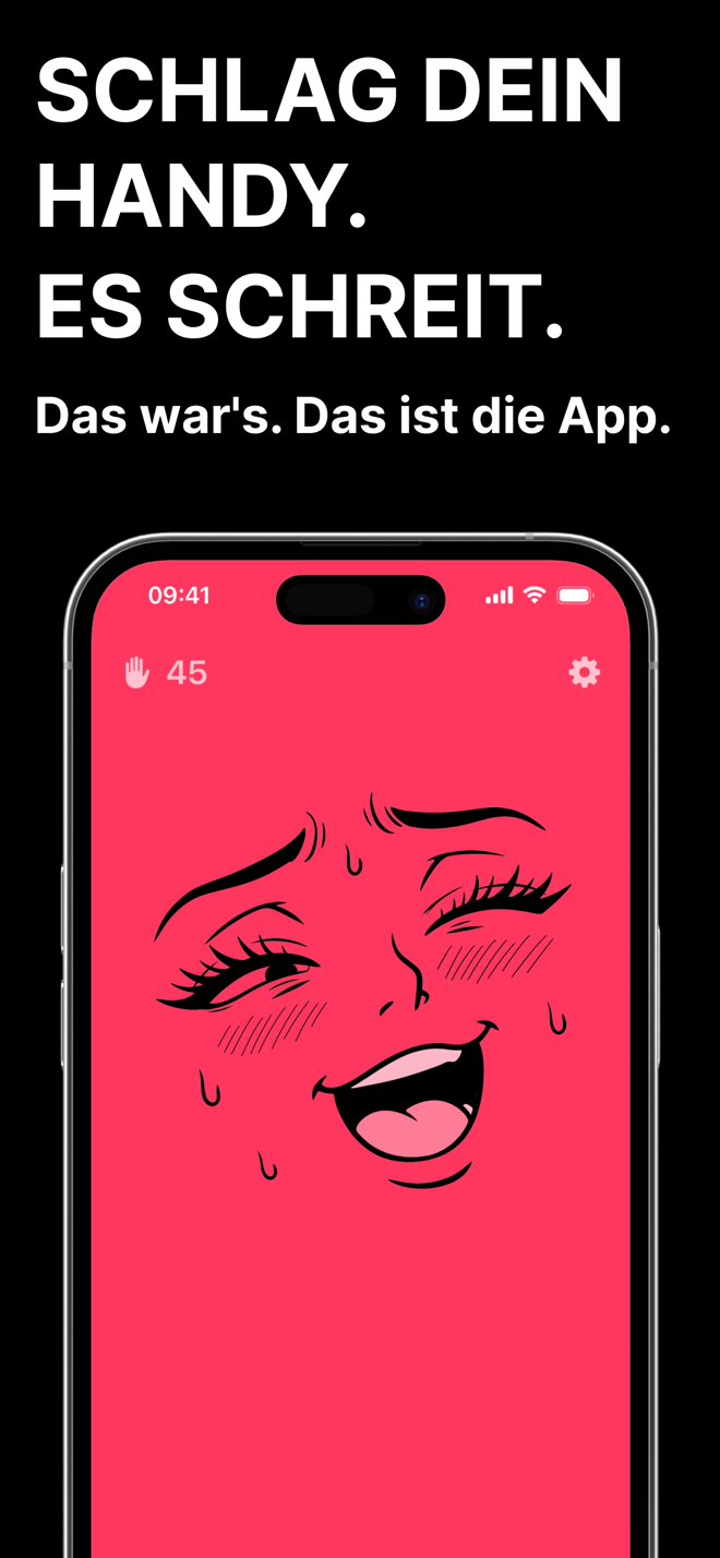Geef je telefoon een klap en hij schreeuwt: cartoongezicht op een roze scherm met de klapteller