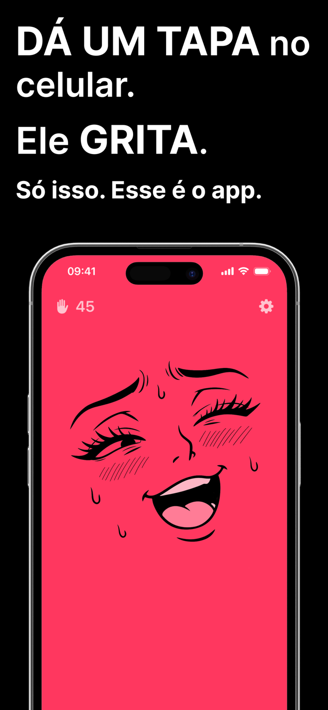 Tela do Spank Phone: bate no celular e ele grita, com uma cara de desenho animado em fundo rosa e o contador de tapas
