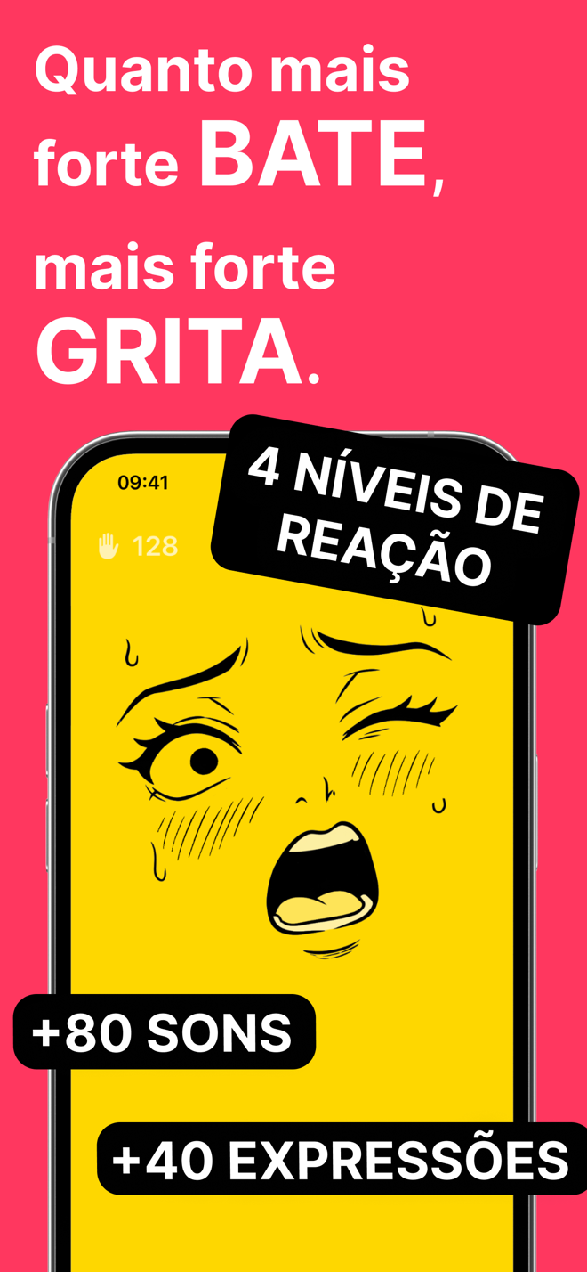 Quanto mais forte você bate, mais barulho faz: cara amarela gritando, mais de 80 sons e 40 expressões